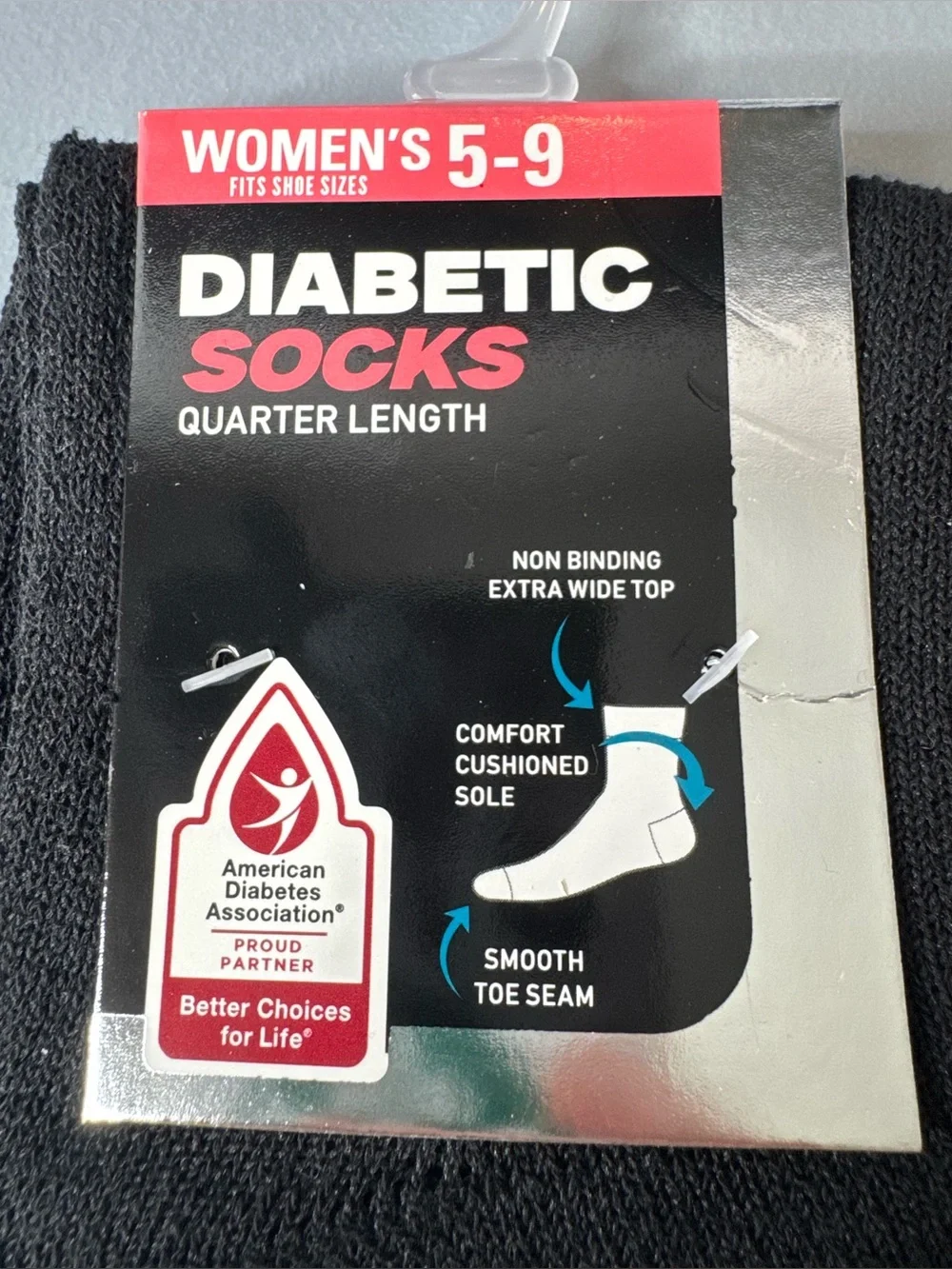 Diabetic Quarter Length Socks for Women - Black extra wide top part stretch